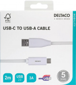 DELTACO USB-C - USB-A-kaapeli, 2m, 3A, USB 2.0, valkoinen