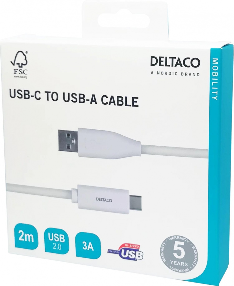 DELTACO USB-C - USB-A-kaapeli, 2m, 3A, USB 2.0, valkoinen