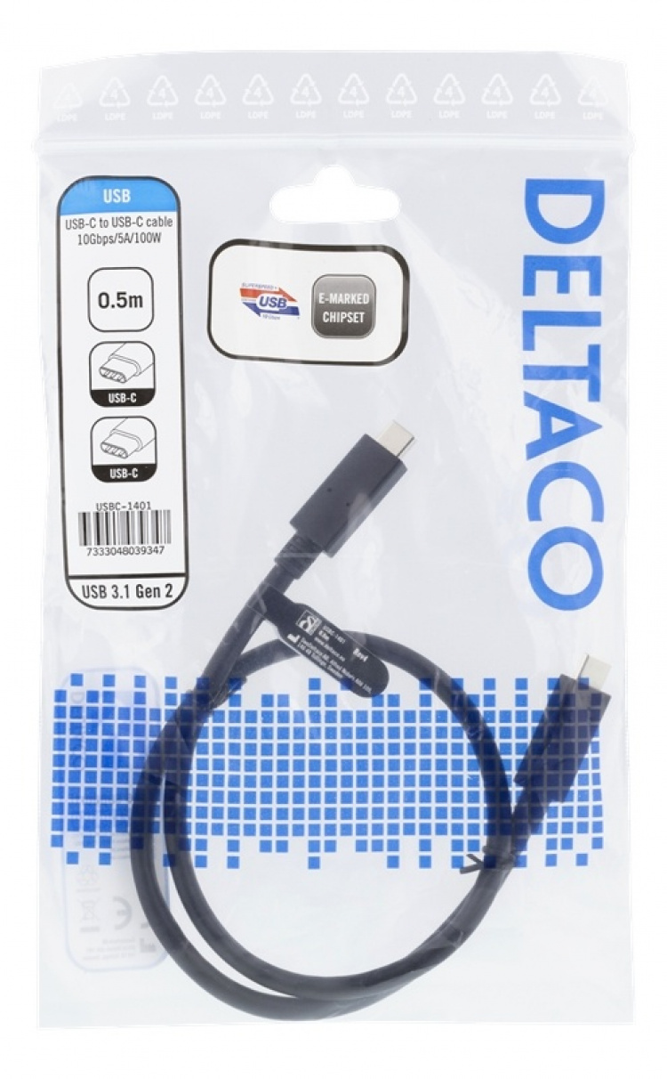 DELTACO USB-C-kaapeli, 0,5m, 10Gbps, 100W, 5A, USB 3.1 Gen 2, musta DELTACO USB-C-kaapeli, 0,5m, 10Gbps, 100W, 5A, USB 3.1 Gen 2, musta
