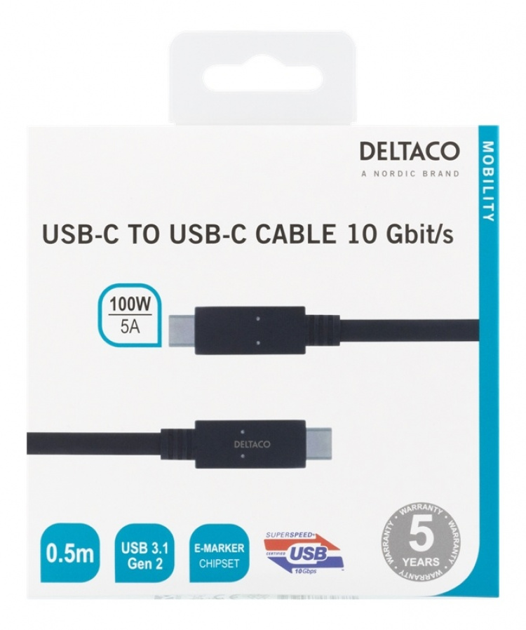 DELTACO USB-C-kaapeli, 0,5m, USB 3.1 Gen 2, E-Marker, musta