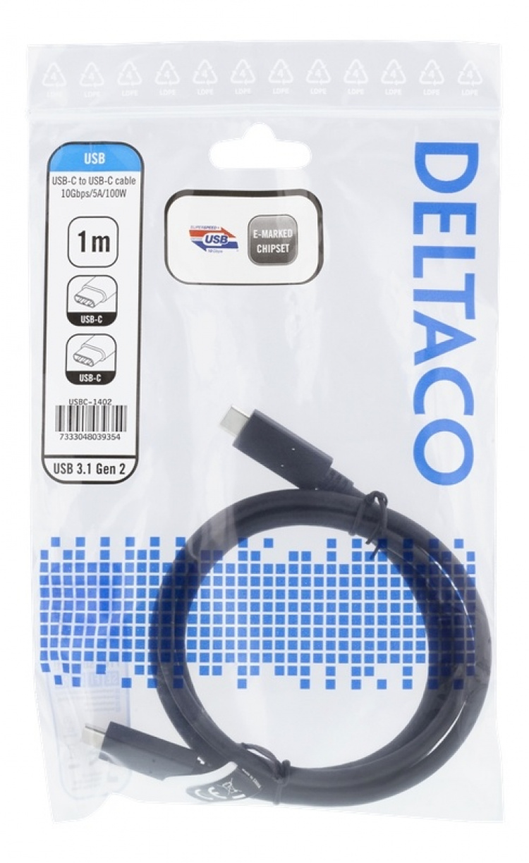 DELTACO USB-C-kaapeli, 1m, 10Gbps, 100W, 5A, USB 3.1 Gen 2, musta