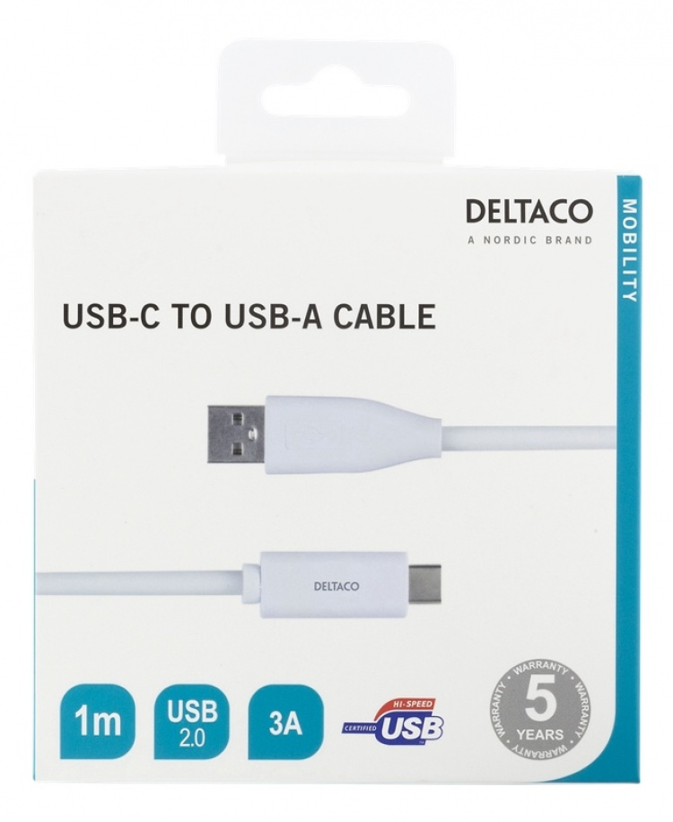DELTACO USB-C - USB-A-kaapeli, 1m, 3A, USB 2.0, valkoinen