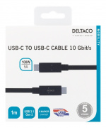 DELTACO USB-C-kaapeli, 1m, 10Gbps, 100W, 5A, USB 3.1 Gen 2, musta