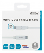 DELTACO USB-C-kaapeli, 0,5m, 10Gbps, 100W, 5A, USB 3.1 Gen 2, valk. DELTACO USB-C-kaapeli, 0,5m, 10Gbps, 100W, 5A, USB 3.1 Gen 2, valk.