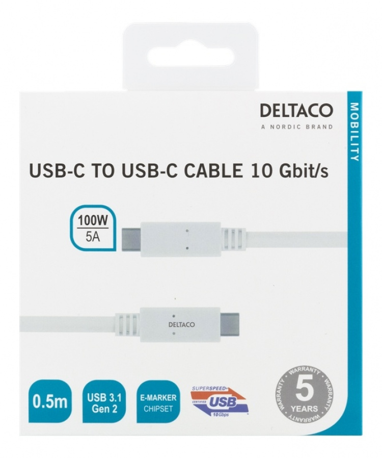 DELTACO USB-C-kaapeli, 0,5m, 10Gbps, 100W, 5A, USB 3.1 Gen 2, valk. DELTACO USB-C-kaapeli, 0,5m, 10Gbps, 100W, 5A, USB 3.1 Gen 2, valk.