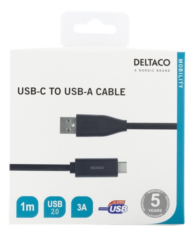 DELTACO USB-C - USB-A-kaapeli, 1m, 3A, USB 2.0, musta