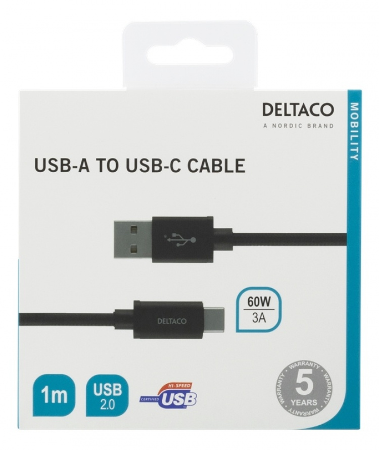DELTACO USB-A - USB-C-kaapeli, 1m, USB 2.0, punottu, musta DELTACO USB-A - USB-C-kaapeli, 1m, USB 2.0, punottu, musta