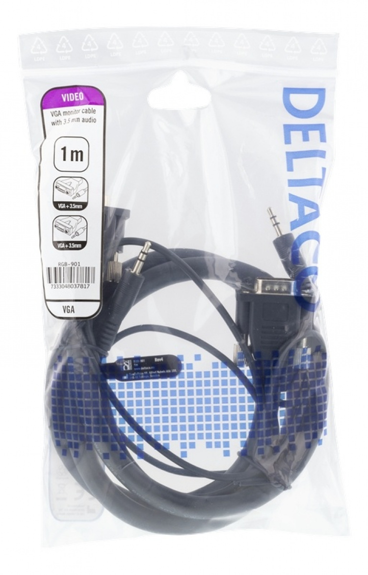 DELTACO näyttökaapeli HD15 ur - ur, 1m, 1920x1200 60Hz, 3,5mm ääni