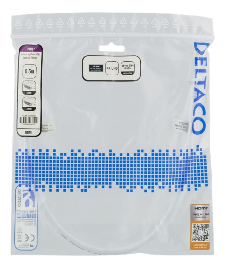 DELTACO High-Speed Premium HDMI -kaapeli, 0,5m, Ethernet, 4K UHD,valk. DELTACO High-Speed Premium HDMI -kaapeli, 0,5m, Ethernet, 4K UHD,valk.