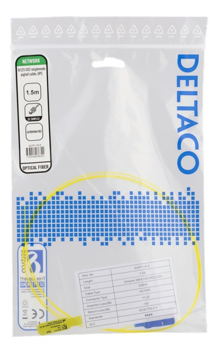 DELTACO OS2-häntäkuitu, SC, simplex, UPC, 9/125, 1,5m