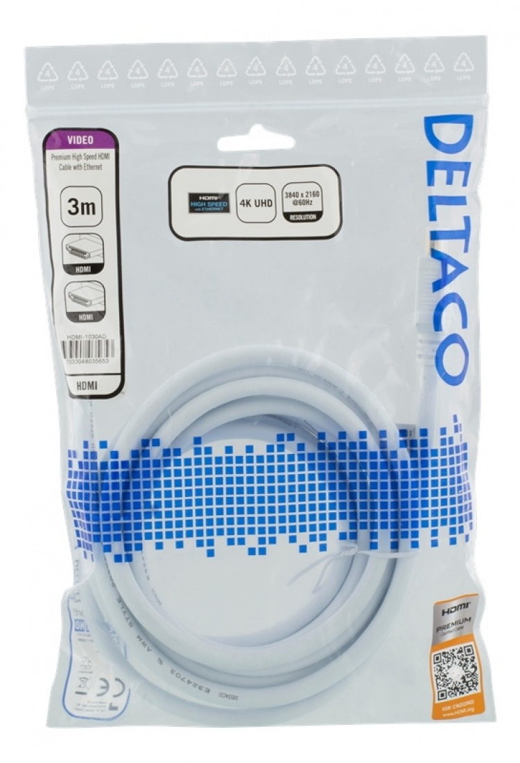 DELTACO High-Speed Premium HDMI -kaapeli, 3m, Ethernet, 4K UHD, valk. DELTACO High-Speed Premium HDMI -kaapeli, 3m, Ethernet, 4K UHD, valk.