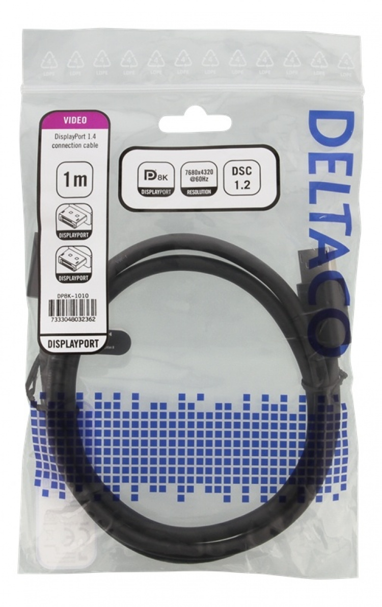 DELTACO DisplayPort-kaapeli, DP 1.4, 7680x4320 60Hz, 1m, musta