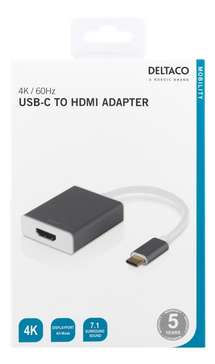 DELTACO USB-C - HDMI-sovitin, 4096x2160 60Hz, 0,2m, tähtiharmaa