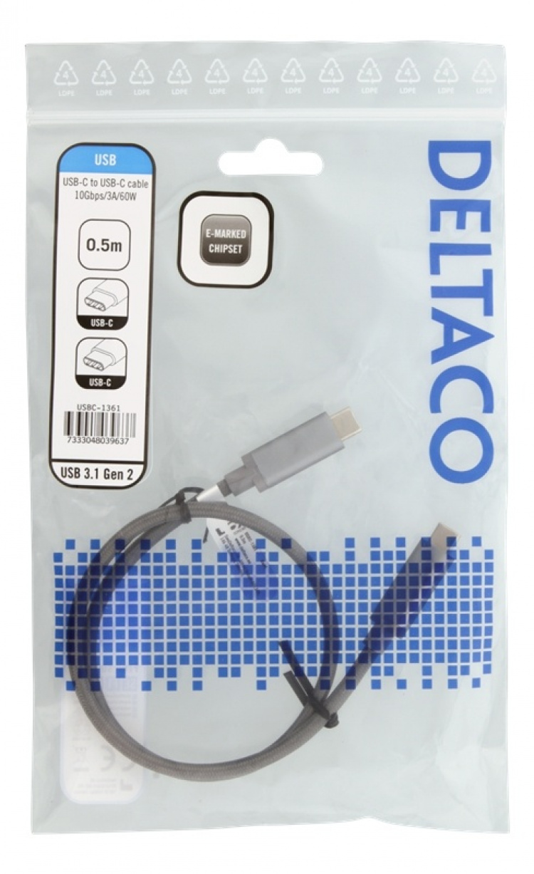 DELTACO USB-C-kaapeli, 0,5m, 60W USB PD, 10Gbps, harmaa