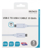 DELTACO USB-C-kaapeli, 0,5m, 60W USB PD, 10Gbps, valkoinen