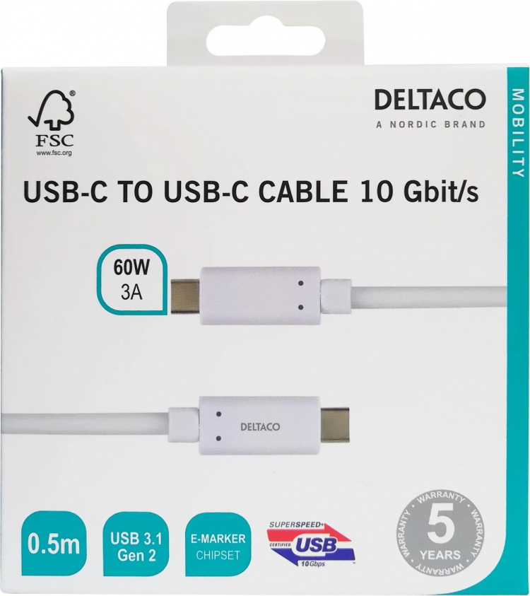 DELTACO USB-C-kaapeli, 0,5m, 60W USB PD, 10Gbps, valkoinen DELTACO USB-C-kaapeli, 0,5m, 60W USB PD, 10Gbps, valkoinen