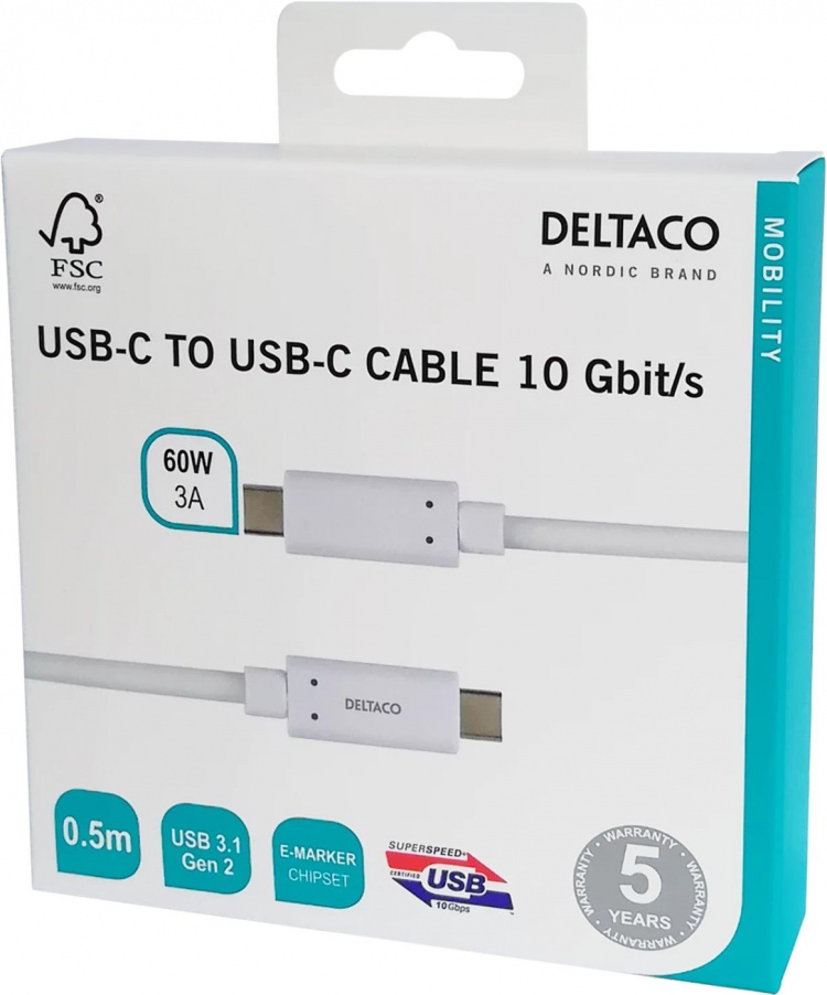 DELTACO USB-C-kaapeli, 0,5m, 60W USB PD, 10Gbps, valkoinen DELTACO USB-C-kaapeli, 0,5m, 60W USB PD, 10Gbps, valkoinen
