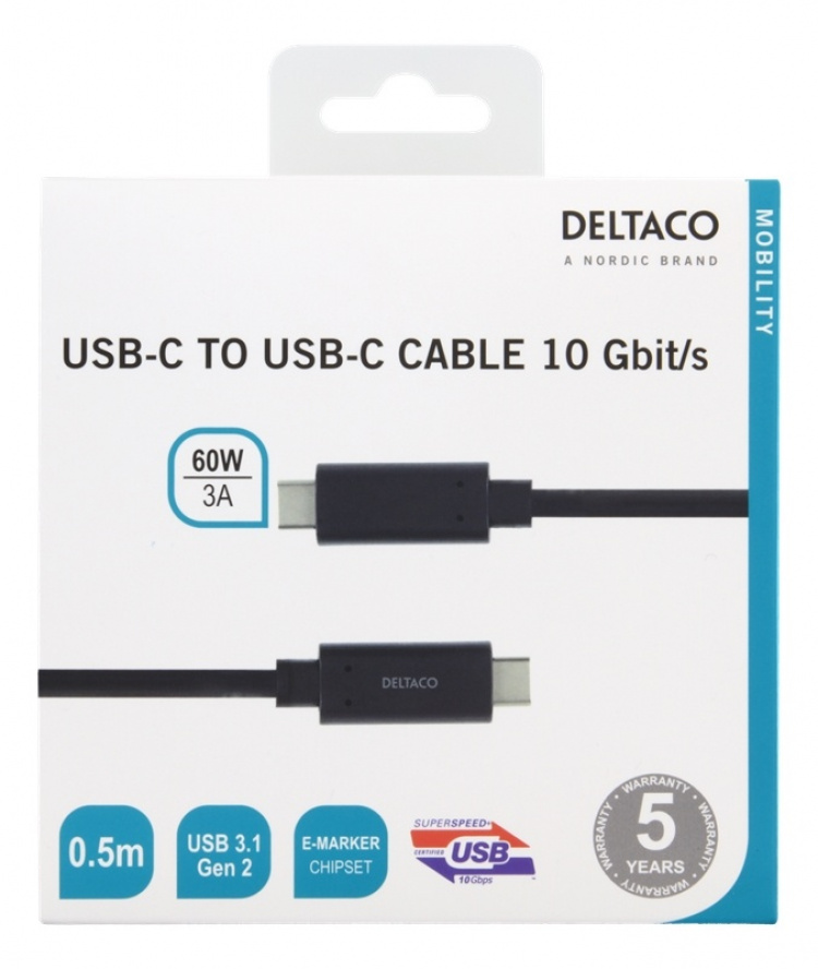 DELTACO USB-C-kaapeli, 0,5m, 60W USB PD, 10Gbps, musta DELTACO USB-C-kaapeli, 0,5m, 60W USB PD, 10Gbps, musta