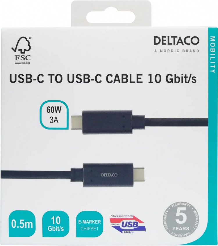 DELTACO USB-C-kaapeli, 0,5m, 60W USB PD, 10Gbps, musta DELTACO USB-C-kaapeli, 0,5m, 60W USB PD, 10Gbps, musta