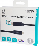 DELTACO USB-C-kaapeli, 0,5m, 60W USB PD, 10Gbps, musta DELTACO USB-C-kaapeli, 0,5m, 60W USB PD, 10Gbps, musta