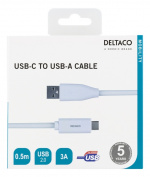 DELTACO USB-C - USB-A-kaapeli, 0,5m, 3A, USB 2.0, valkoinen