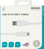 DELTACO USB-C - USB-A-kaapeli, 0,5m, 3A, USB 2.0, valkoinen