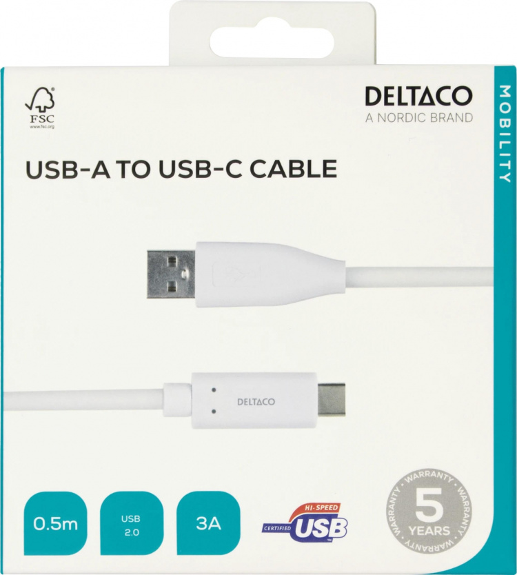 DELTACO USB-C - USB-A-kaapeli, 0,5m, 3A, USB 2.0, valkoinen