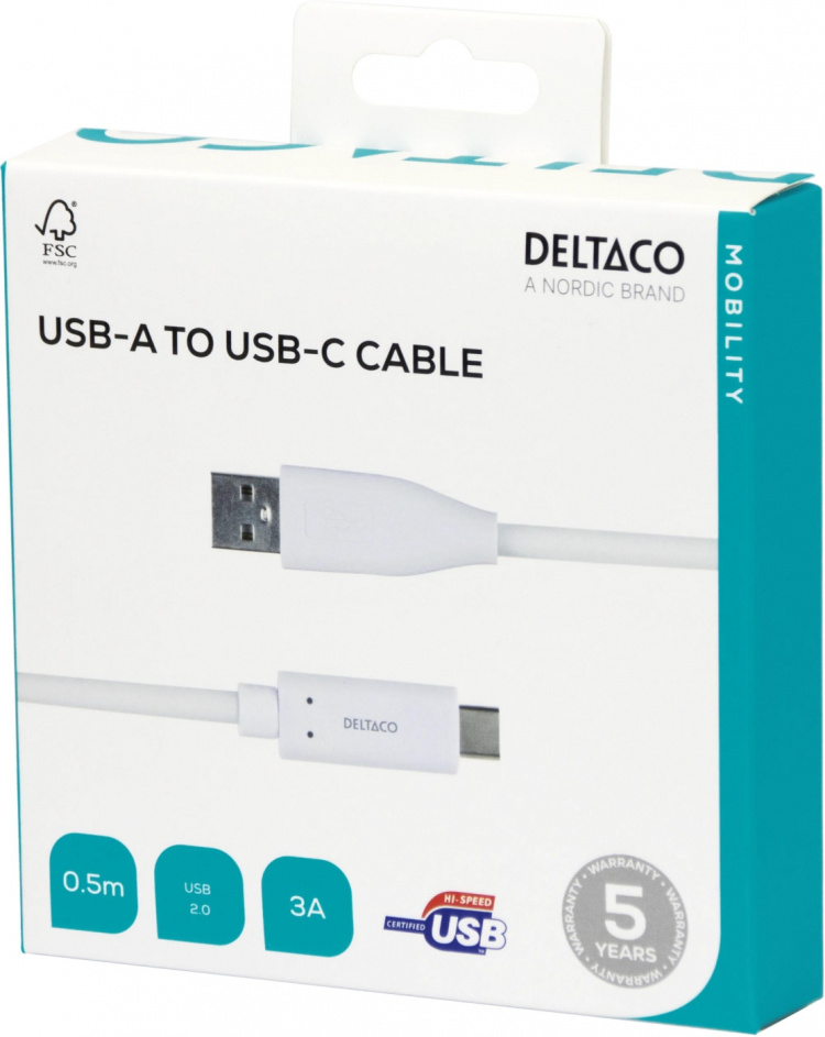 DELTACO USB-C - USB-A-kaapeli, 0,5m, 3A, USB 2.0, valkoinen