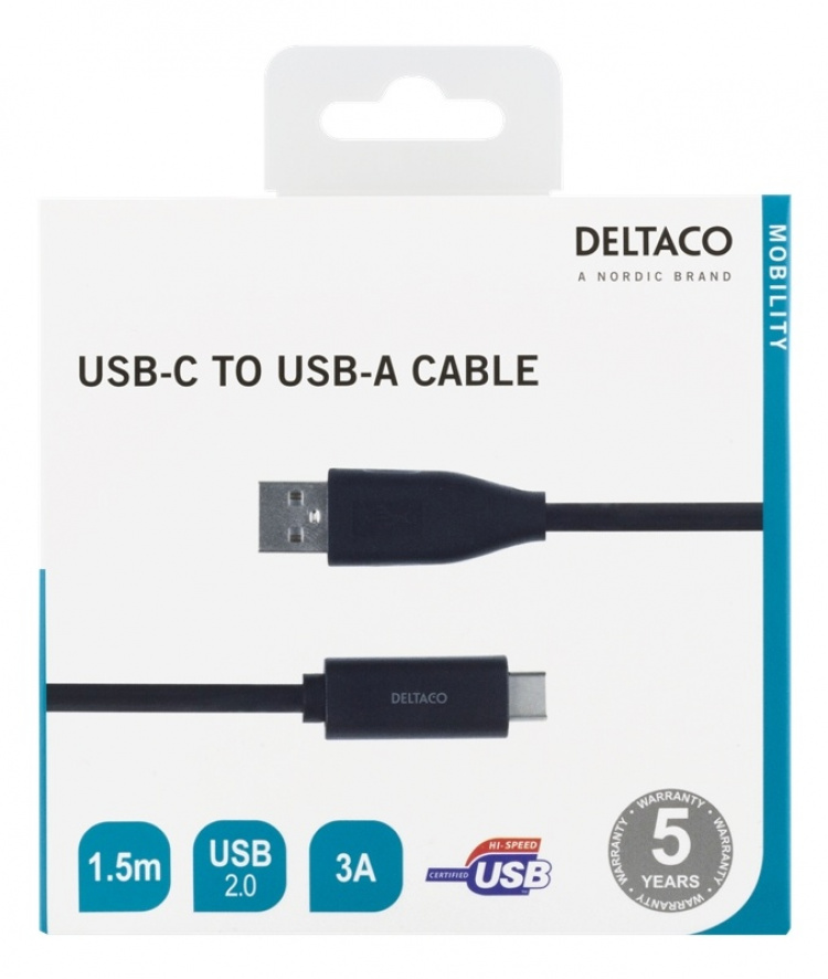DELTACO USB-C - USB-A-kaapeli, 1,5m, 3A, USB 2.0, musta DELTACO USB-C - USB-A-kaapeli, 1,5m, 3A, USB 2.0, musta