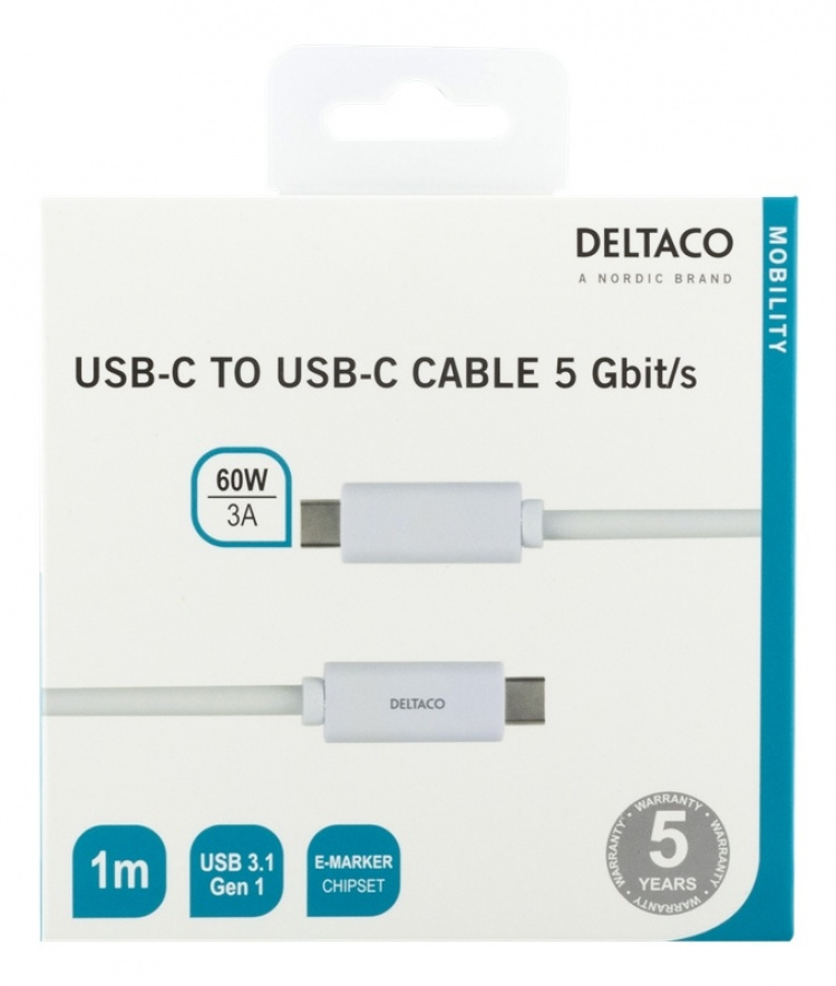 DELTACO USB-C-kaapeli, 1m, 1,5A, USB 3.1 Gen 1, E-Marker, valkoinen