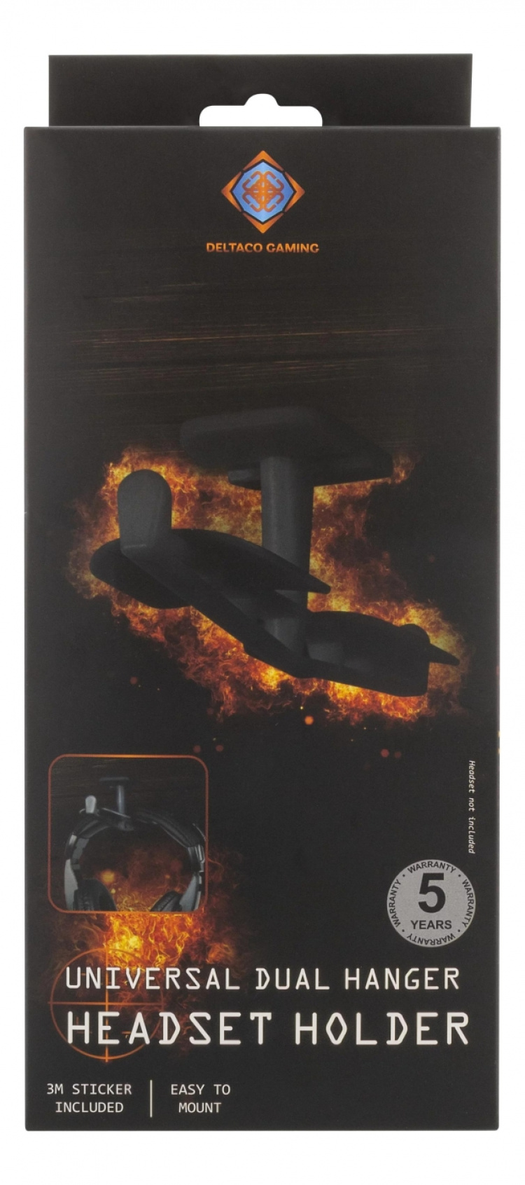 DELTACO GAMING kaksihaarainen kuulokeripustin, ABS-muovia, 3M, musta