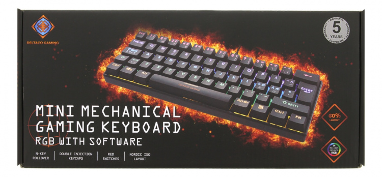 DELTACO GAMING mekaaninen näppäimistö punaisilla kytkimillä, 60% RGB, 62st näppäintä