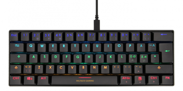 DELTACO GAMING mekaaninen näppäimistö punaisilla kytkimillä, 60% RGB, 62st näppäintä