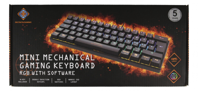 DELTACO GAMING mekaaninen näppäimistö punaisilla kytkimillä, 60% RGB, 62st näppäintä