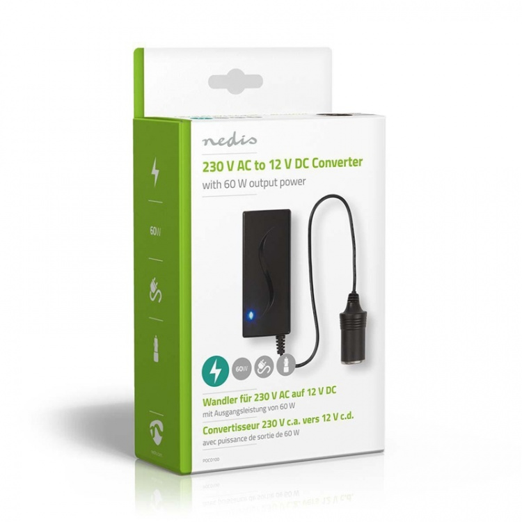 Nedis Tehonmuunnin | Verkkovirtakäyttöinen | 230 V AC 50 Hz | 12 V DC | 60 W | Maadoitettu virtaliitin | Musta