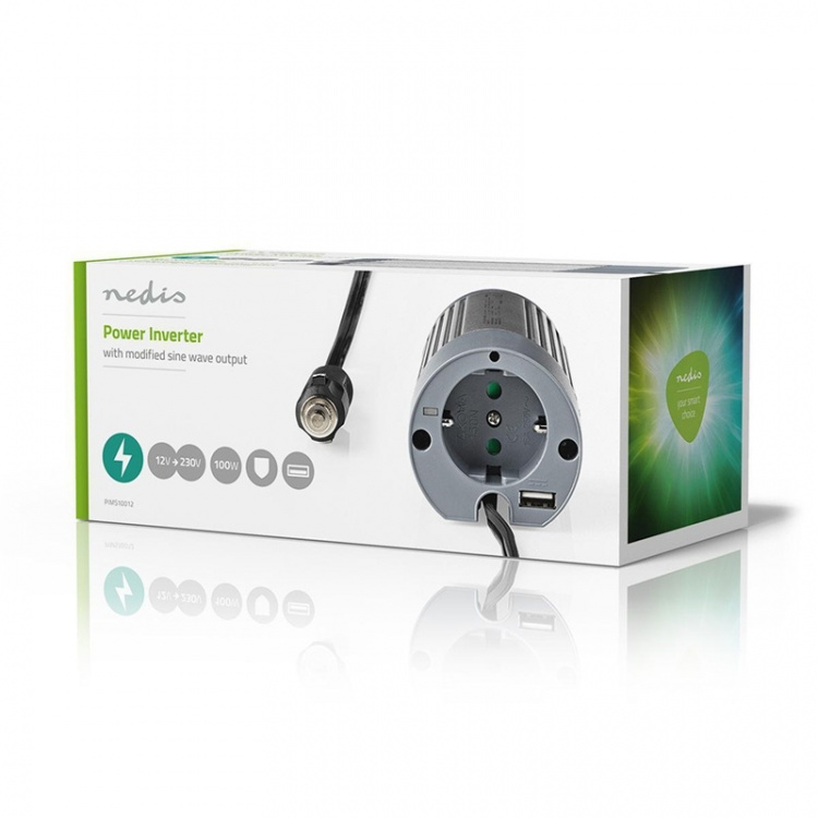 Nedis Invertteri Muunnettu Siniaalto | Tulojännite: 12 V DC | Laitteen lähtövirran liittimet: Type F (CEE 7/3) / USB-A | 230 V AC 50 Hz | 100 W | Lähtöliitännän huipputeho: 200 W | Tupakansytytinliitin | Hopea