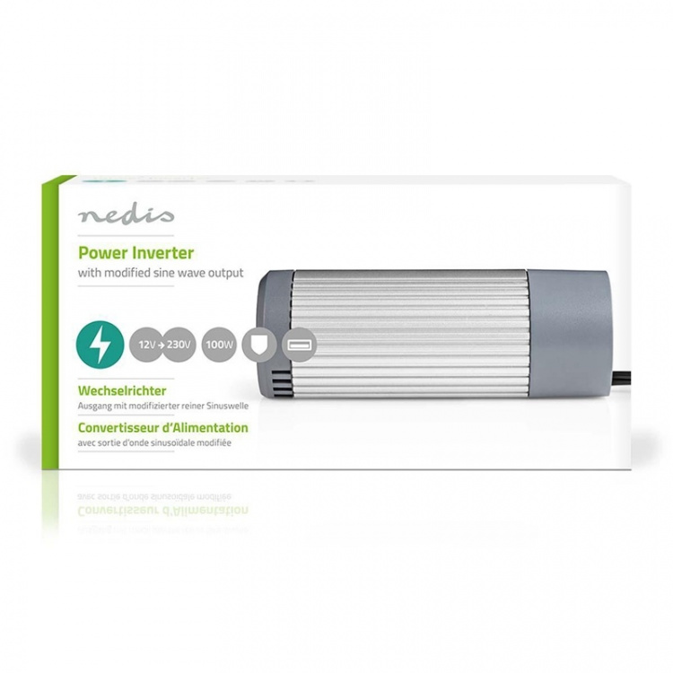 Nedis Invertteri Muunnettu Siniaalto | Tulojännite: 12 V DC | Laitteen lähtövirran liittimet: Type F (CEE 7/3) / USB-A | 230 V AC 50 Hz | 100 W | Lähtöliitännän huipputeho: 200 W | Tupakansytytinliitin | Hopea