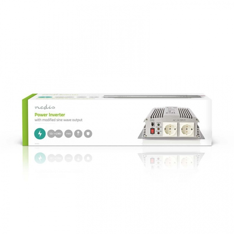 Nedis Invertteri Muunnettu Siniaalto | Tulojännite: 12 V DC | Laitteen lähtövirran liittimet: Type F (CEE 7/3) | 230 V AC 50 Hz | 1700 W | Lähtöliitännän huipputeho: 3000 W | Ruuviliitin | Hopea