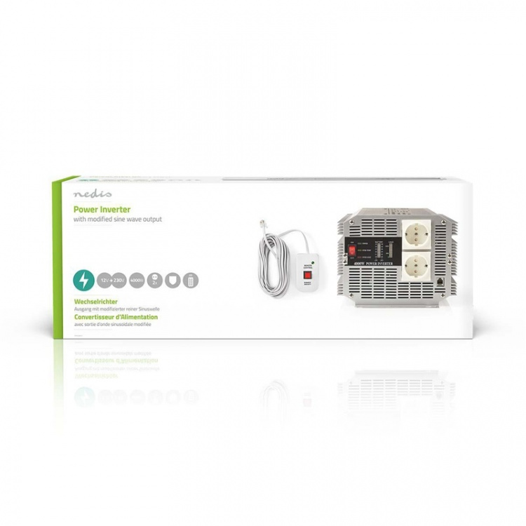 Nedis Invertteri Muunnettu Siniaalto | Tulojännite: 12 V DC | Laitteen lähtövirran liittimet: Type F (CEE 7/3) | 230 V AC 50 Hz | 4000 W | Lähtöliitännän huipputeho: 8000 W | Ruuviliitin | Hopea