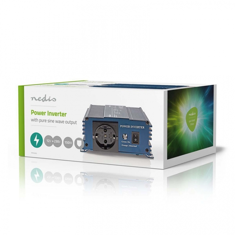 Nedis Invertteri Puhdas Siniaalto | Tulojännite: 12 V DC | Laitteen lähtövirran liittimet: Type F (CEE 7/3) | 230 V AC 50 Hz | 150 W | Lähtöliitännän huipputeho: 300 W | Tupakansytytinliitin | Puhdas siniaalto | Sulake | Sininen