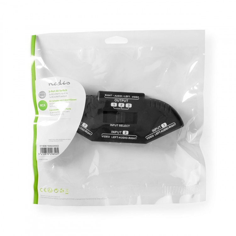 Nedis Komposiittivideokytkin | 3-Porttinen port(s) | Audio- / video- / datayhteyksien syöttö: 3x Composite Video (RWY) | Audio- / video- / datayhteyksien ulostulo: 1x Composite Video (RWY) | 1024x576 | ABS-Muovi | Musta