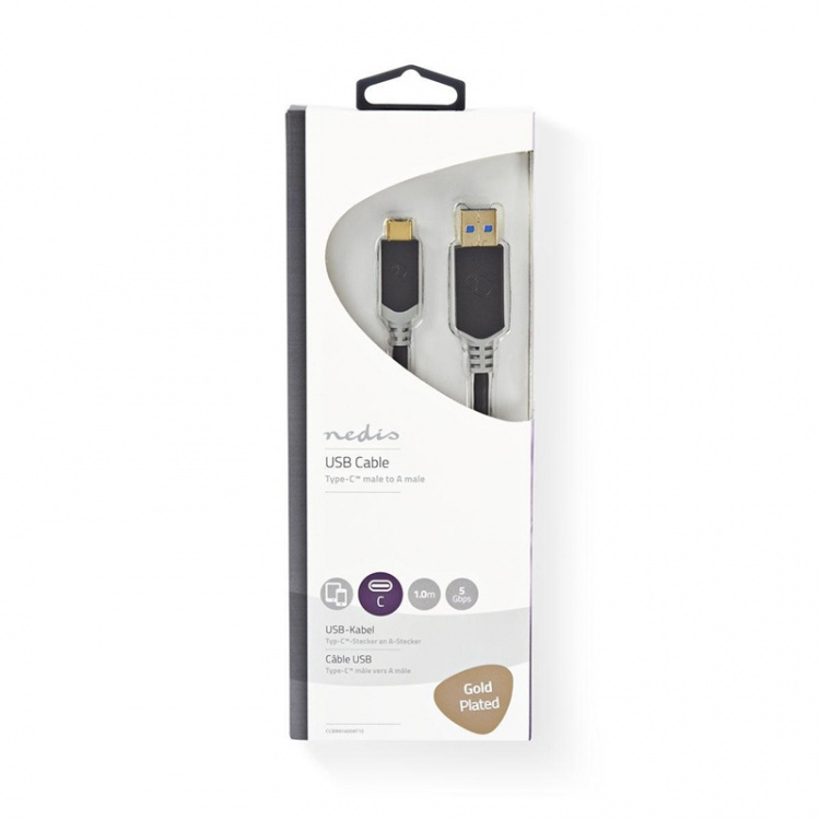 Nedis USB kaapeli | USB 3.2 Gen 1 | USB-A Uros | USB-C™ Uros | 60 W | 5 Gbps | Kullattu | 1.00 m | Pyöreä | PVC | Antrasiitti | Ikkunallinen laatikko Nedis USB kaapeli | USB 3.2 Gen 1 | USB-A Uros | USB-C™ Uros | 60 W | 5 Gbps | Kullattu | 1.00 m | Pyöreä | PVC | Antrasiitti | Ikkunallinen laatikko