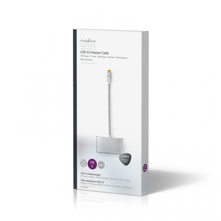 Nedis USB N Moniporttisovitin | 3-in-1 | USB 3.2 Gen 1 | USB-C™ Uros | USB-A Naaras / USB-C™ Naaras / VGA Naaras | 5 Gbps | 0.20 m | Pyöreä | Kullattu | Nailon / Punottu | Hopea | Laatikko kannella ja ikkunalla