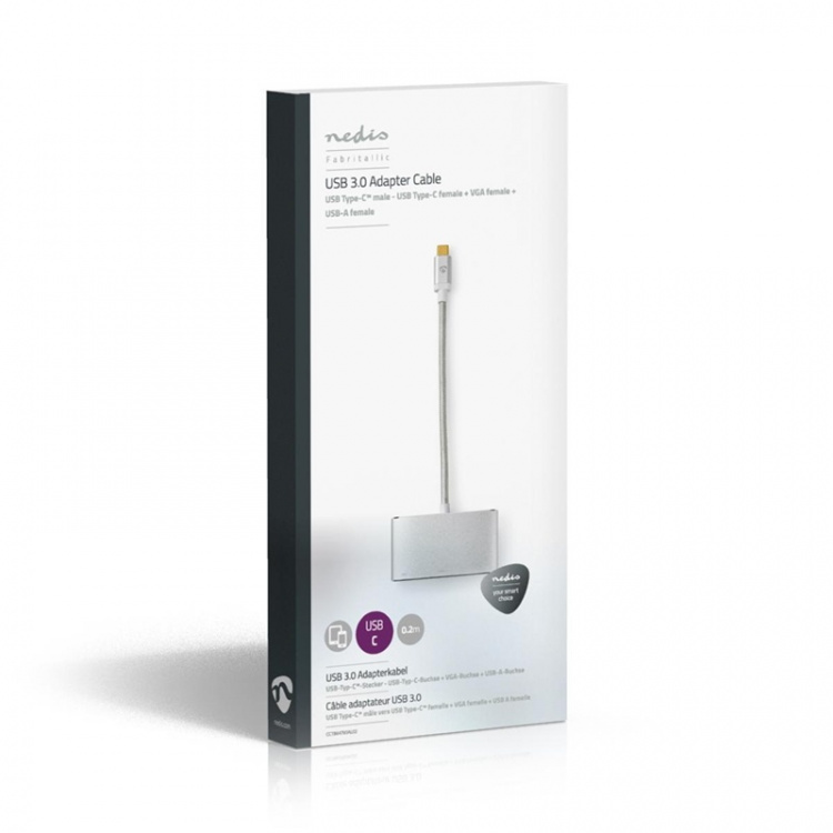 Nedis USB N Moniporttisovitin | 3-in-1 | USB 3.2 Gen 1 | USB-C™ Uros | USB-A Naaras / USB-C™ Naaras / VGA Naaras | 5 Gbps | 0.20 m | Pyöreä | Kullattu | Nailon / Punottu | Hopea | Laatikko kannella ja ikkunalla