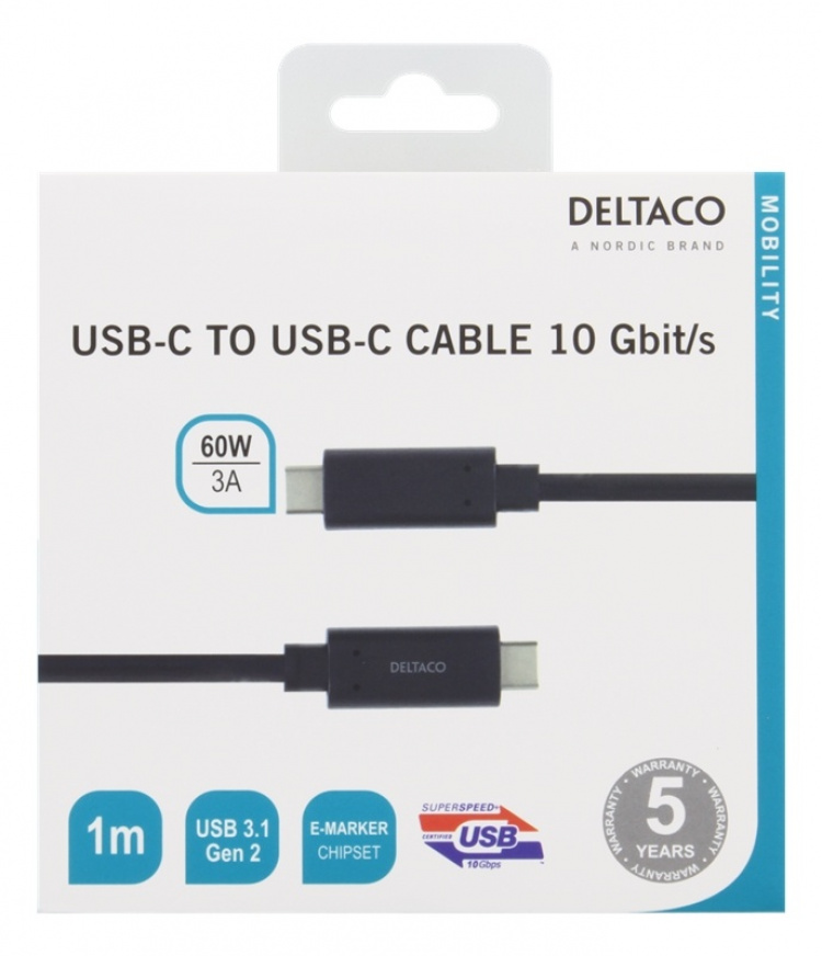 DELTACO USB-C-kaapeli, 1m, USB 3.1 Gen 2, 10Gbps, 60W, musta DELTACO USB-C-kaapeli, 1m, USB 3.1 Gen 2, 10Gbps, 60W, musta