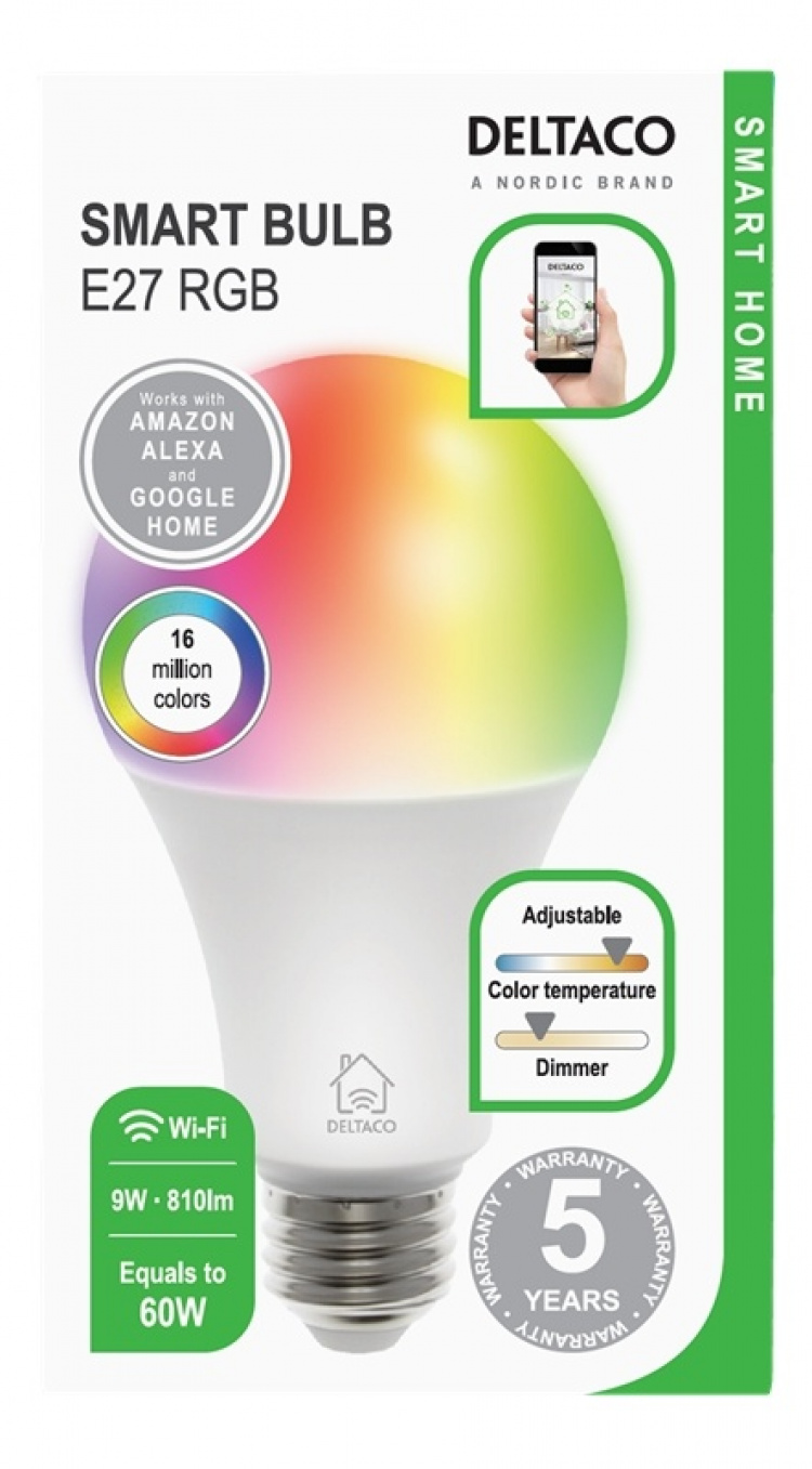 DELTACO SMART HOME RGB-älylamppu, E27, WiFI, 9W, 16 milj. väriä, valk.