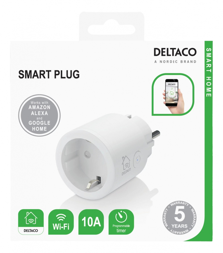 DELTACO SMART HOME älypistorasia, Wi-Fi, 1xCEE 7/3, 10A, ajastin, valk DELTACO SMART HOME älypistorasia, Wi-Fi, 1xCEE 7/3, 10A, ajastin, valk