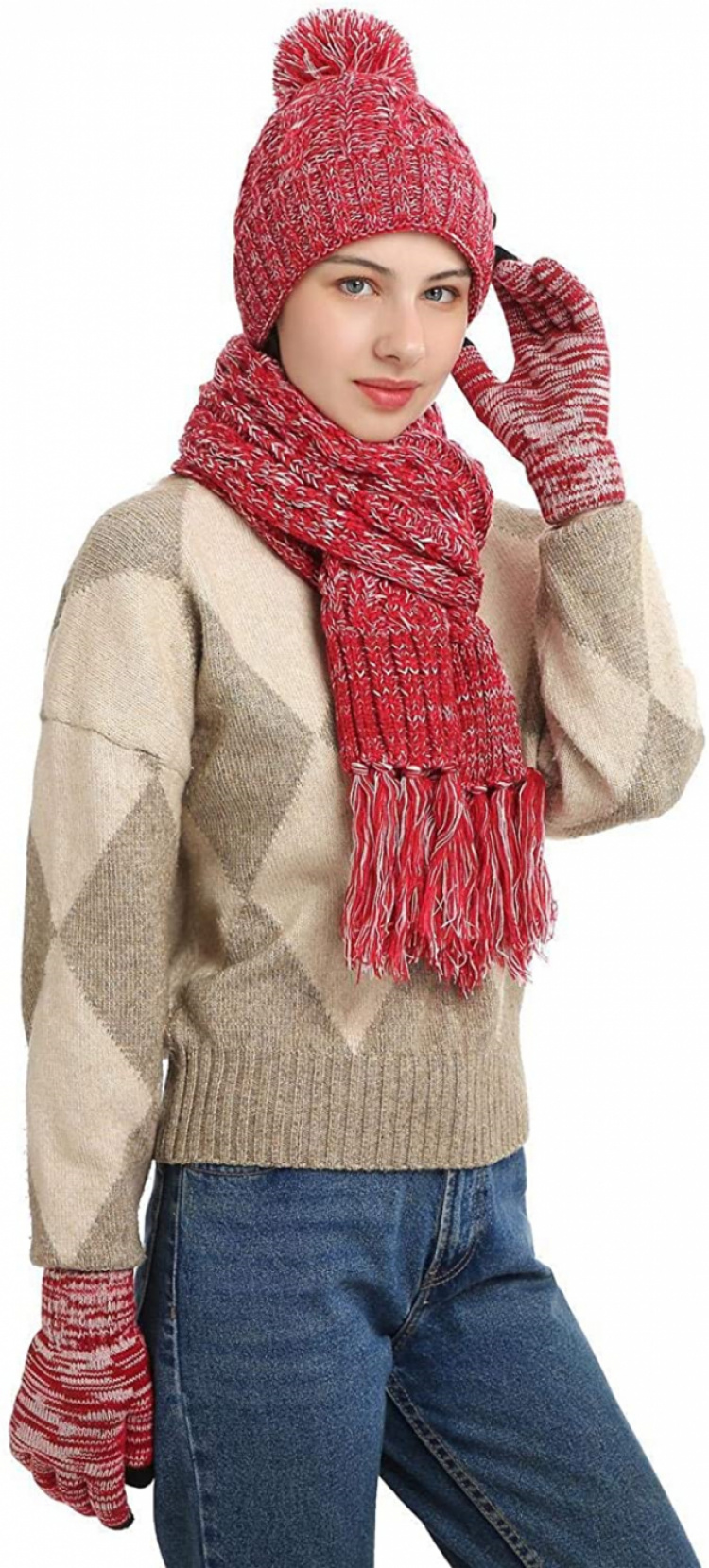 Neulesetti, jossa pipo, huivi ja kosketusnäytölliset lapaset, punainen Neulesetti, jossa pipo, huivi ja kosketusnäytölliset lapaset, punainen