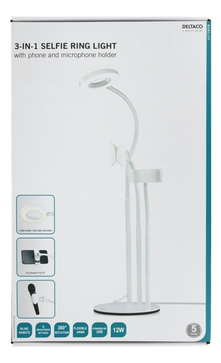 DELTACO pöytälamppu, sis. puhelin- ja mikrofonitelineen, valkoinen DELTACO pöytälamppu, sis. puhelin- ja mikrofonitelineen, valkoinen