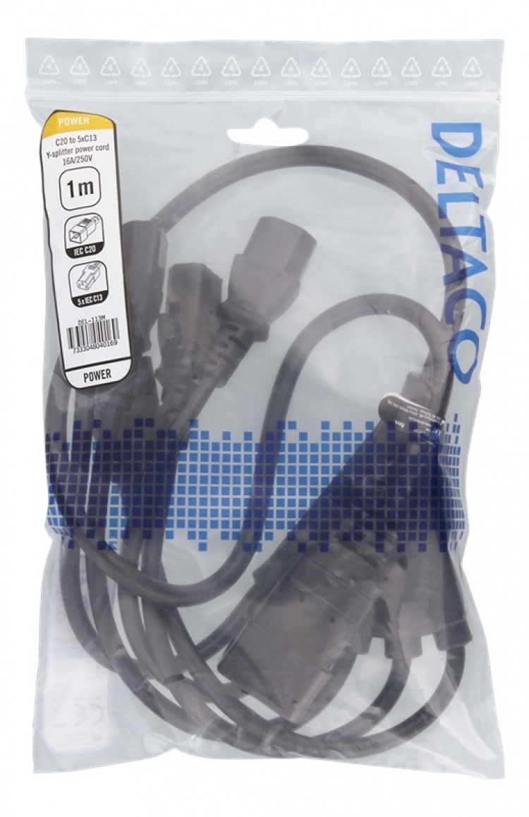 DELTACO laitekaapeli IEC C20 - 5x IEC C13, 1m, 16A/250V, Y-haaroitin DELTACO laitekaapeli IEC C20 - 5x IEC C13, 1m, 16A/250V, Y-haaroitin